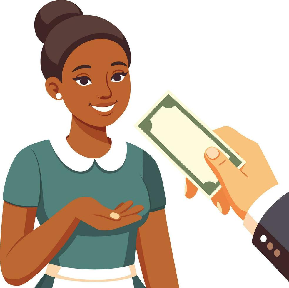 Tipping Waitress stock vector image , Giving a tip to a waitress, cash, on hand, happy waitress , first person view flat style vector image