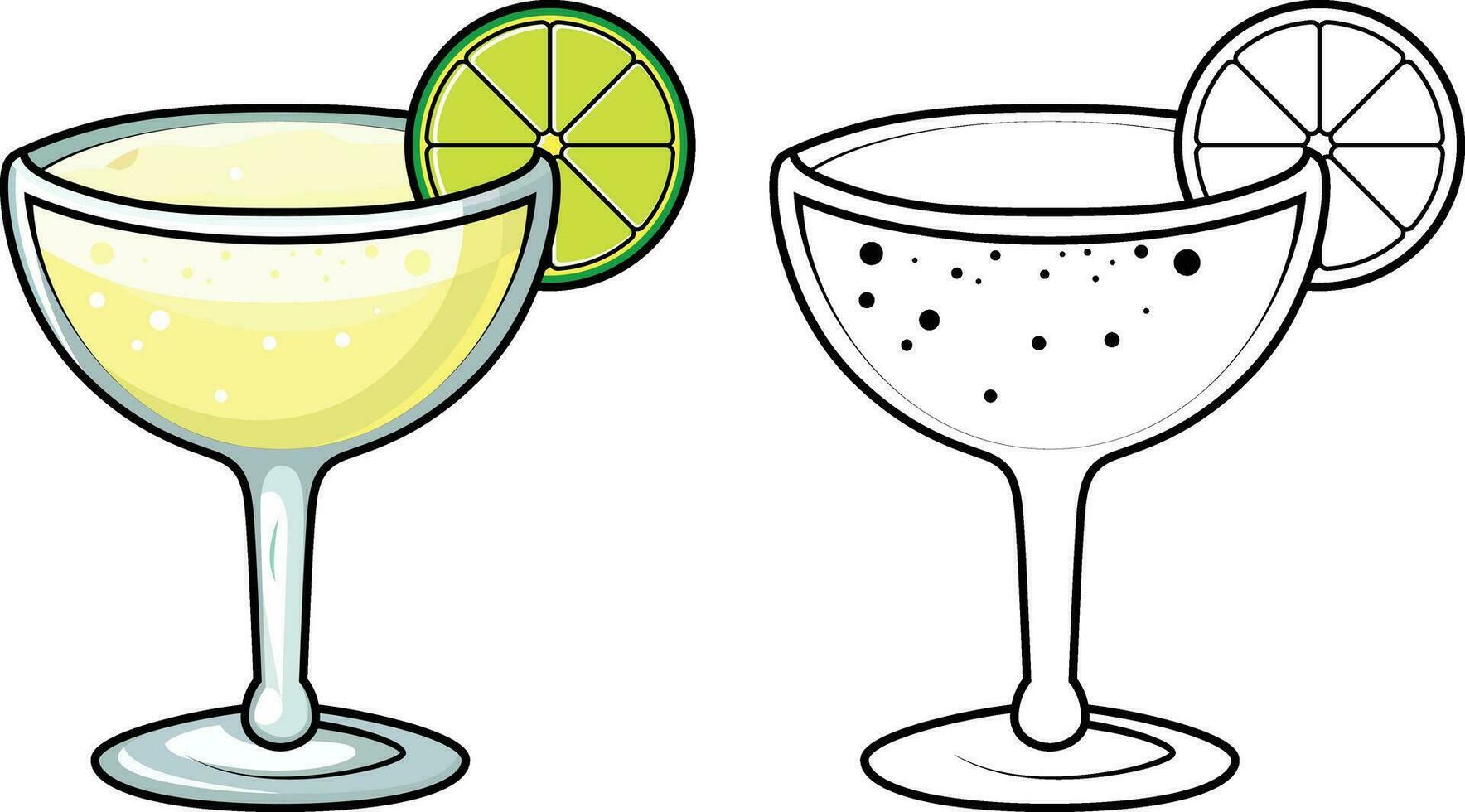 margarita cocktail drink vector illustration, Lime and tequila cocktail stock vector image, colored and black and white line art