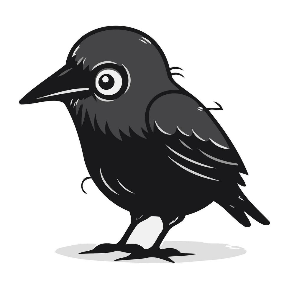Black crow isolated on white background. Vector illustration in cartoon style.