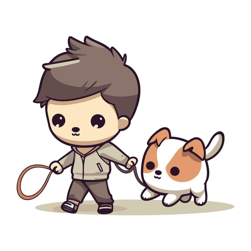 cute boy and dog playing tug of war cartoon vector illustration graphic design