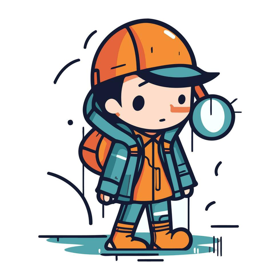 Cute little boy in safety helmet with stopwatch. Vector illustration.