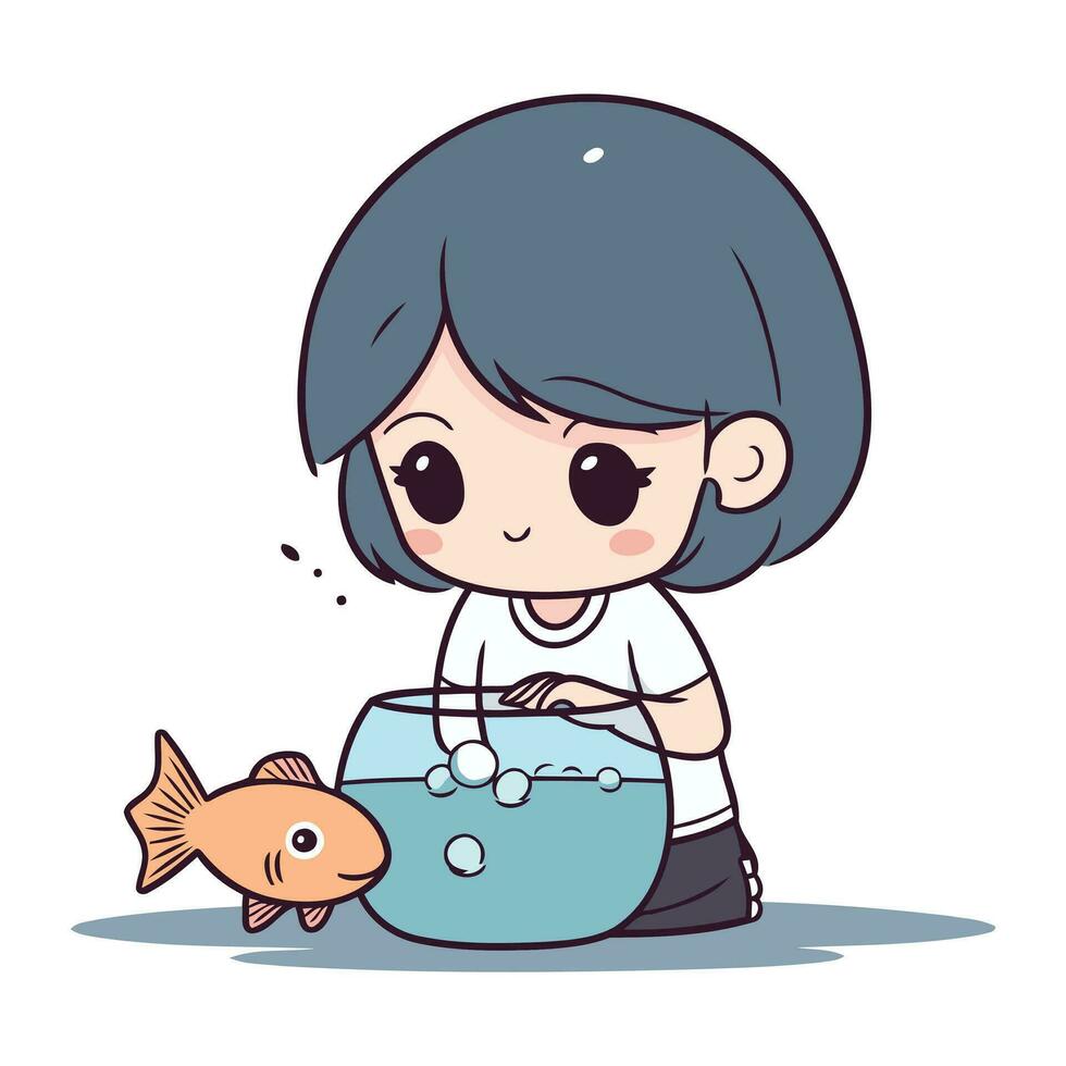 Cute little girl playing with fish in aquarium. Vector illustration.