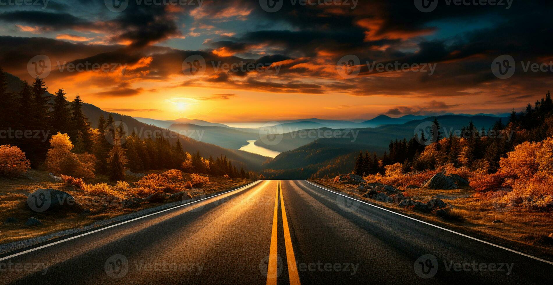 Asphalt road stretching into the distance, mountain sunset - AI generated image photo
