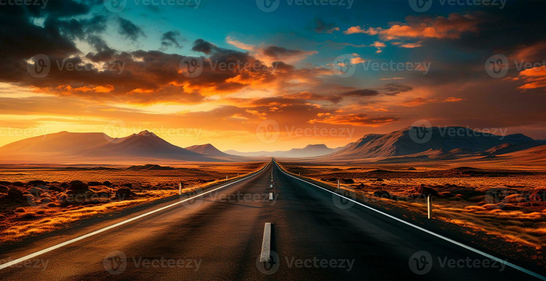 Asphalt road stretching into the distance, mountain sunset - AI generated image photo