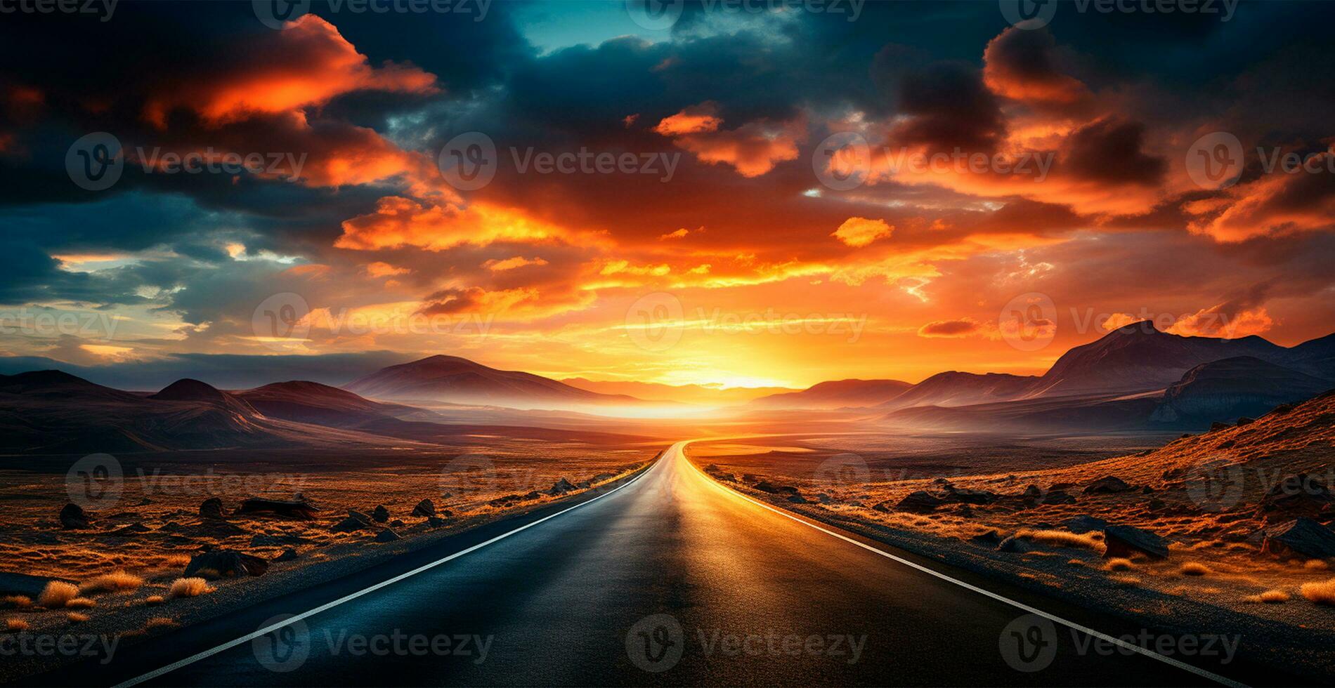 Asphalt road stretching into the distance, mountain sunset - AI generated image photo