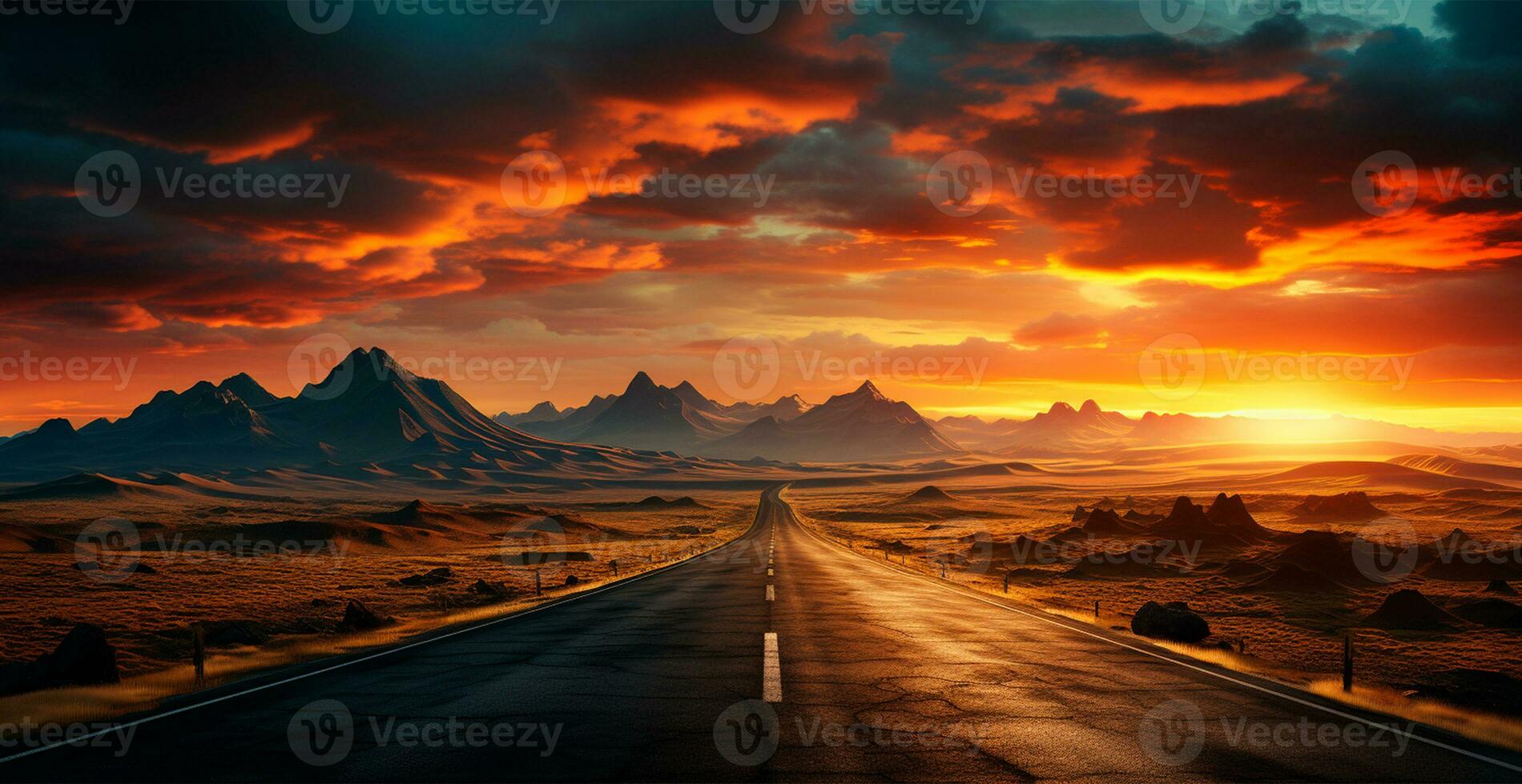 Asphalt road stretching into the distance, mountain sunset - AI generated image photo
