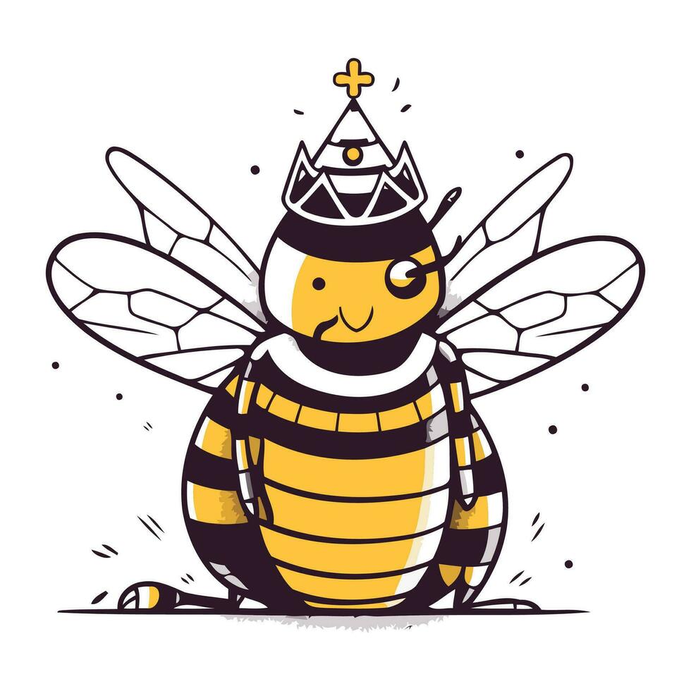 Cute cartoon bee with crown on his head. Vector illustration.