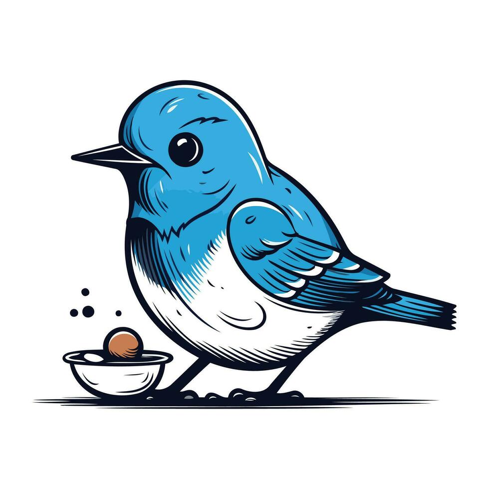 vector illustration of a blue bird with a bowl of eggs on a white background