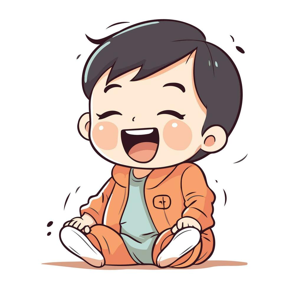 Cute little boy laughing and sitting on floor. Vector illustration.