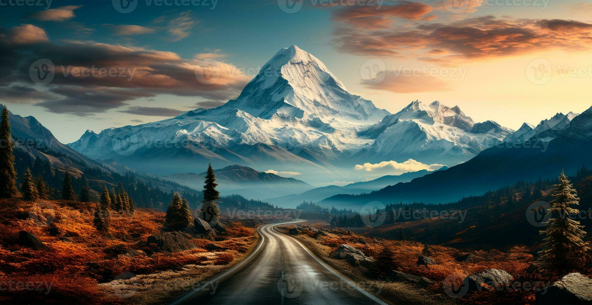 Asphalt road stretching into the distance, mountain snowy landscape - AI generated image photo