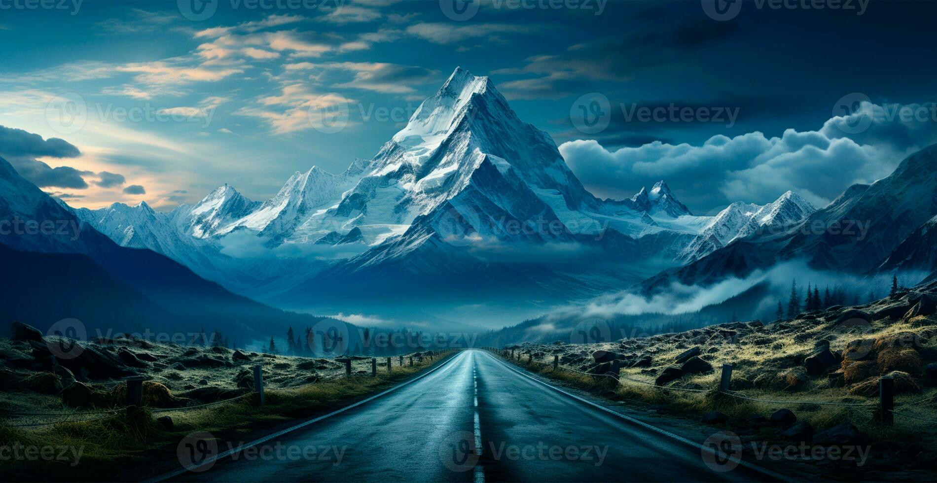 Asphalt road stretching into the distance, mountain snowy landscape - AI generated image photo