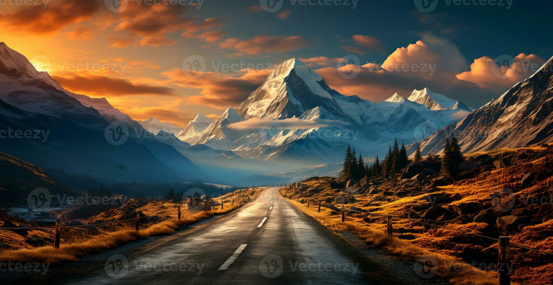 Asphalt road stretching into the distance, mountain snowy landscape - AI generated image photo