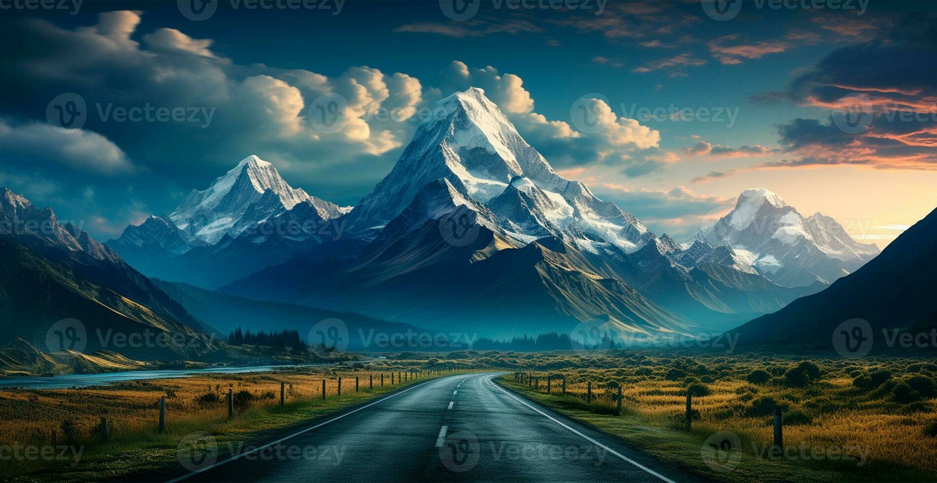 Asphalt road stretching into the distance, mountain snowy landscape - AI generated image photo