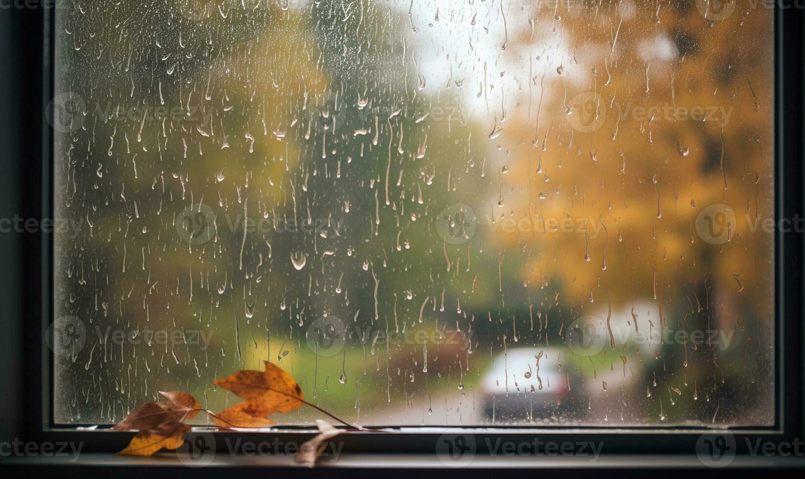 Autumn leaves dance in the rain outside the window photo