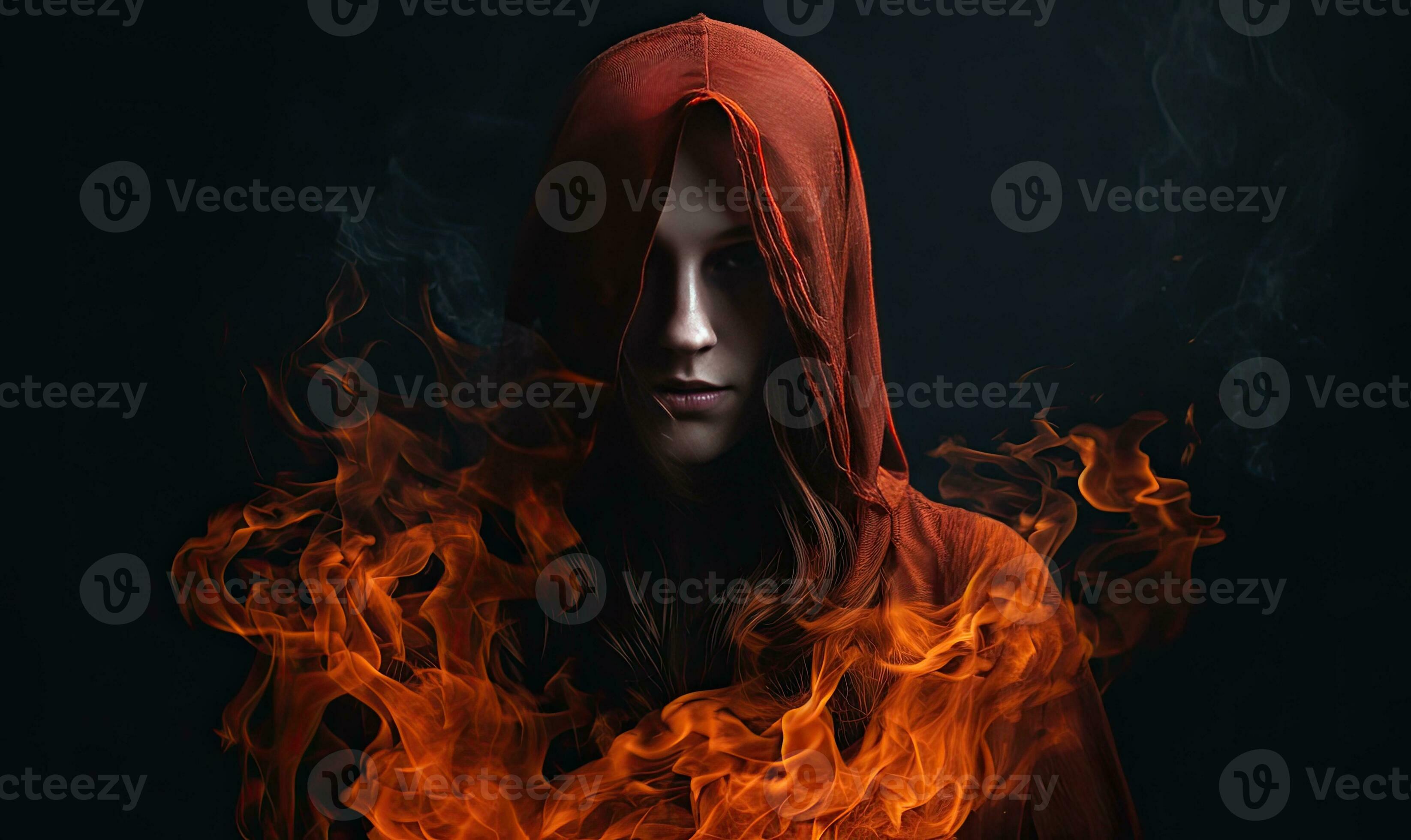 The enigmatic woman emerged from the shadows, engulfed in fiery flames