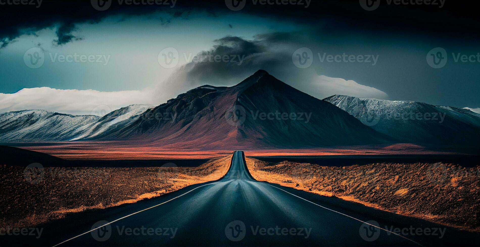 Asphalt road stretching into the distance, cloudy landscape - AI generated image photo