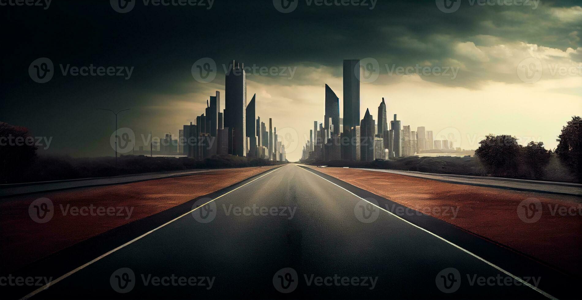 Asphalt road stretching into the distance, cloudy landscape - AI generated image photo