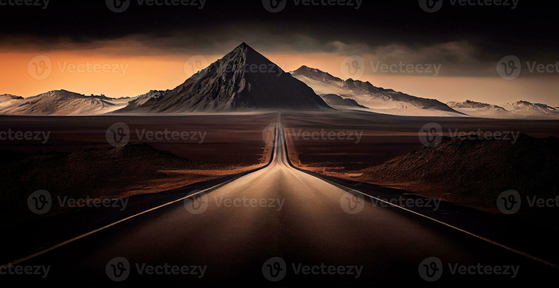 Asphalt road stretching into the distance, cloudy landscape - AI generated image photo
