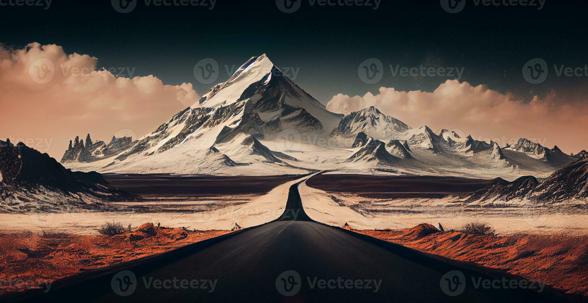 Asphalt road stretching into the distance, cloudy landscape - AI generated image photo
