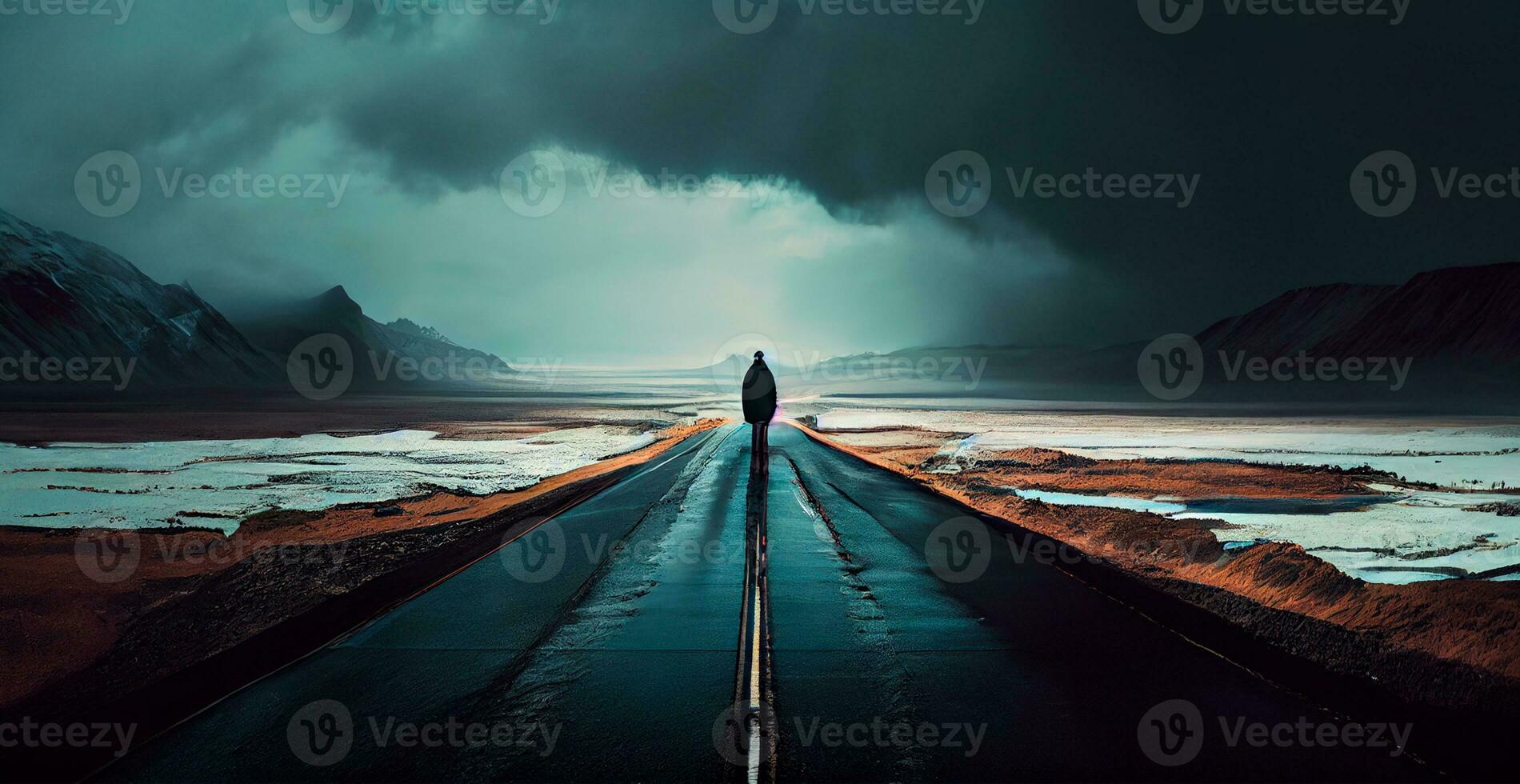 An asphalt road stretching into the distance, a man walking along the road - AI generated image photo