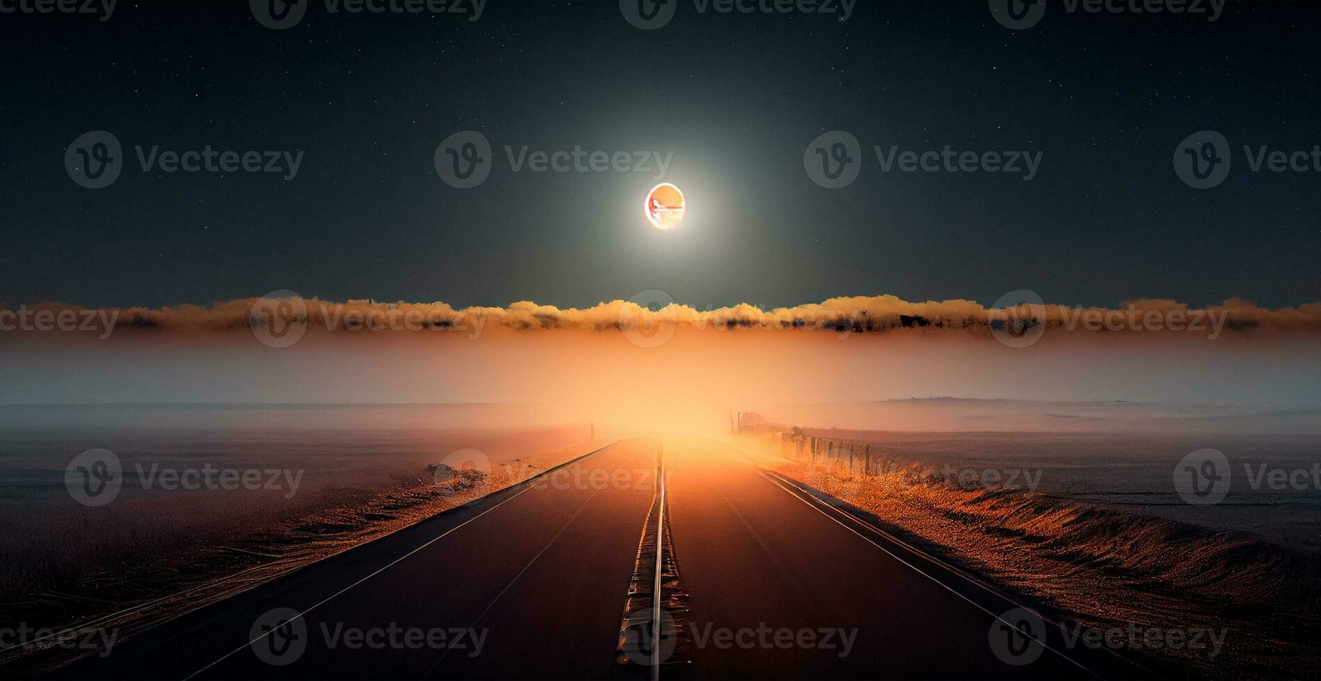 Asphalt road stretching into the distance, night landscape - AI generated image photo