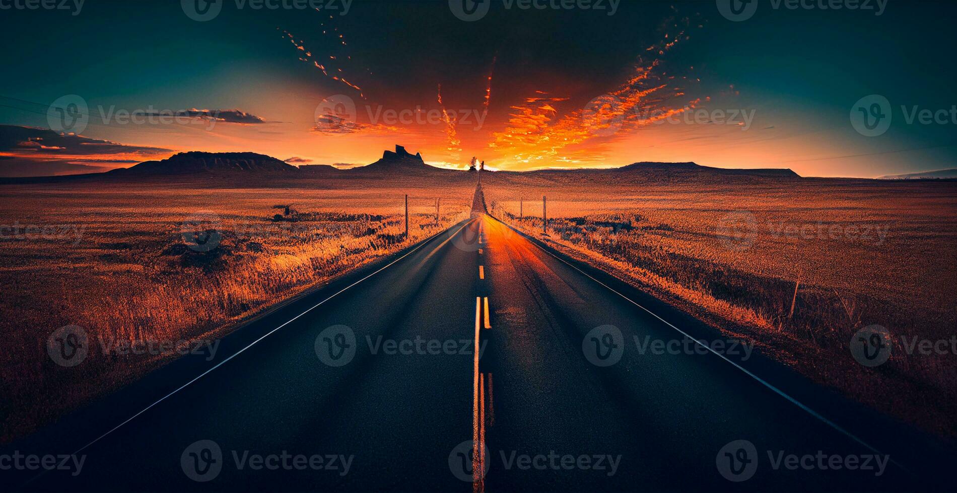 Asphalt road stretching into the distance, mountain sunset - AI generated image photo