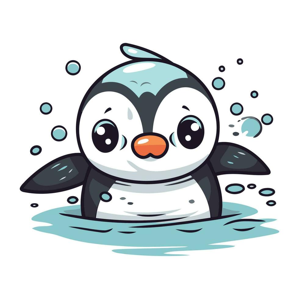 Cute penguin swimming in the sea. Vector cartoon illustration.