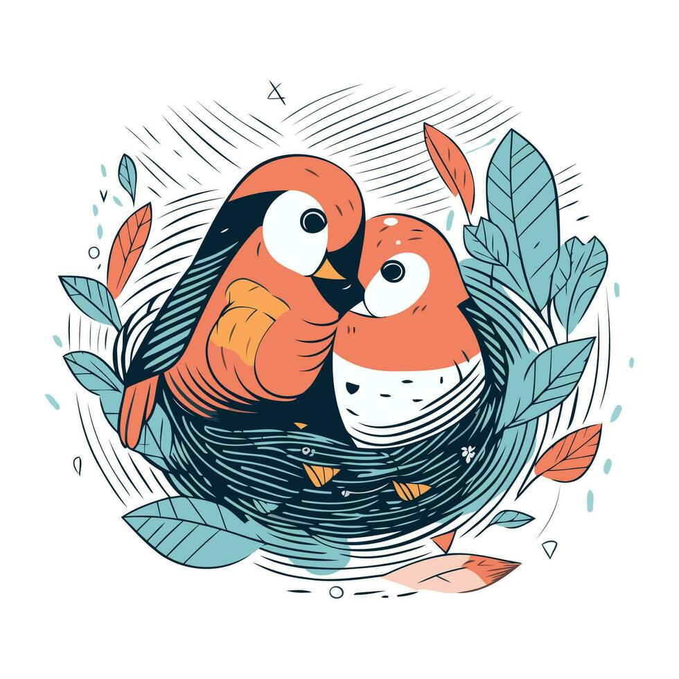Vector illustration of a pair of cute birds sitting in the nest.
