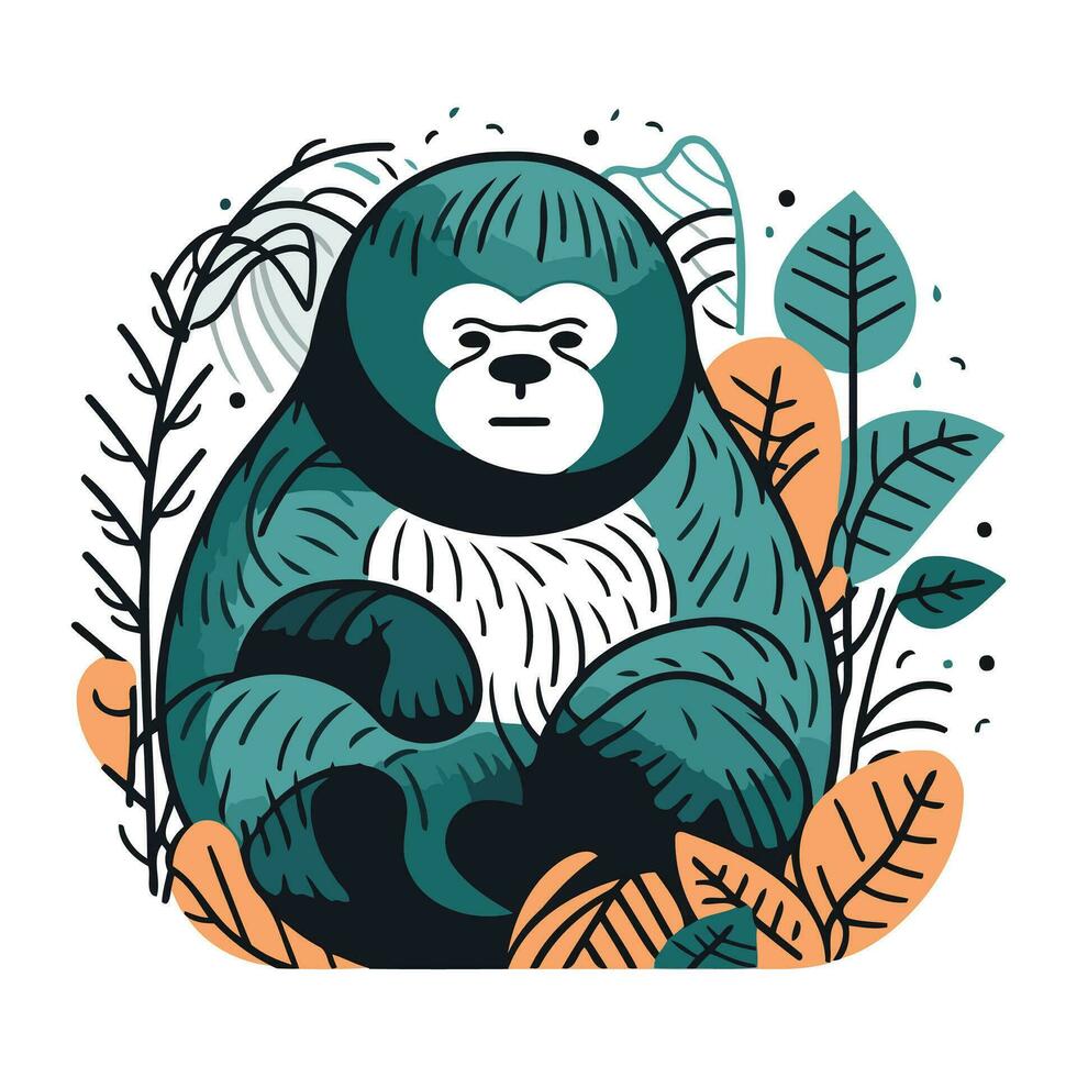 Gorilla in the jungle. Vector illustration in doodle style.