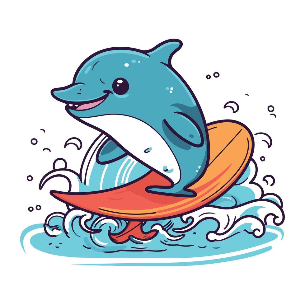 Vector illustration of a cute dolphin jumping out of the surfboard