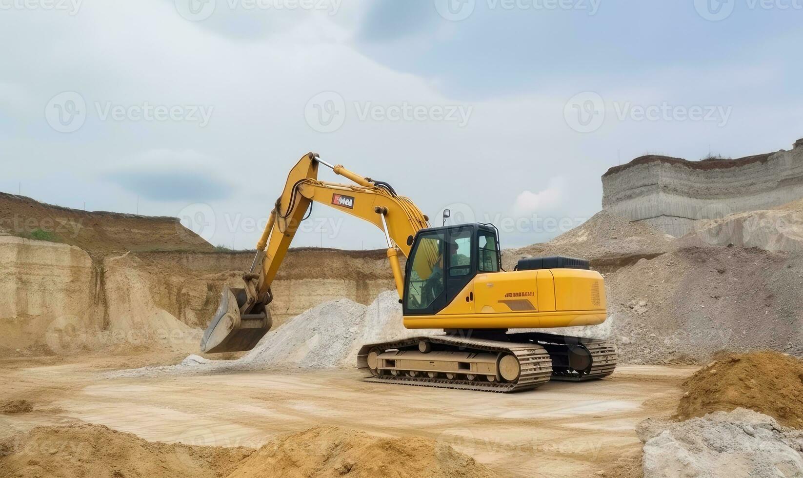 Yellow excavator towering over construction site with claw in action. Creating using generative AI tools photo