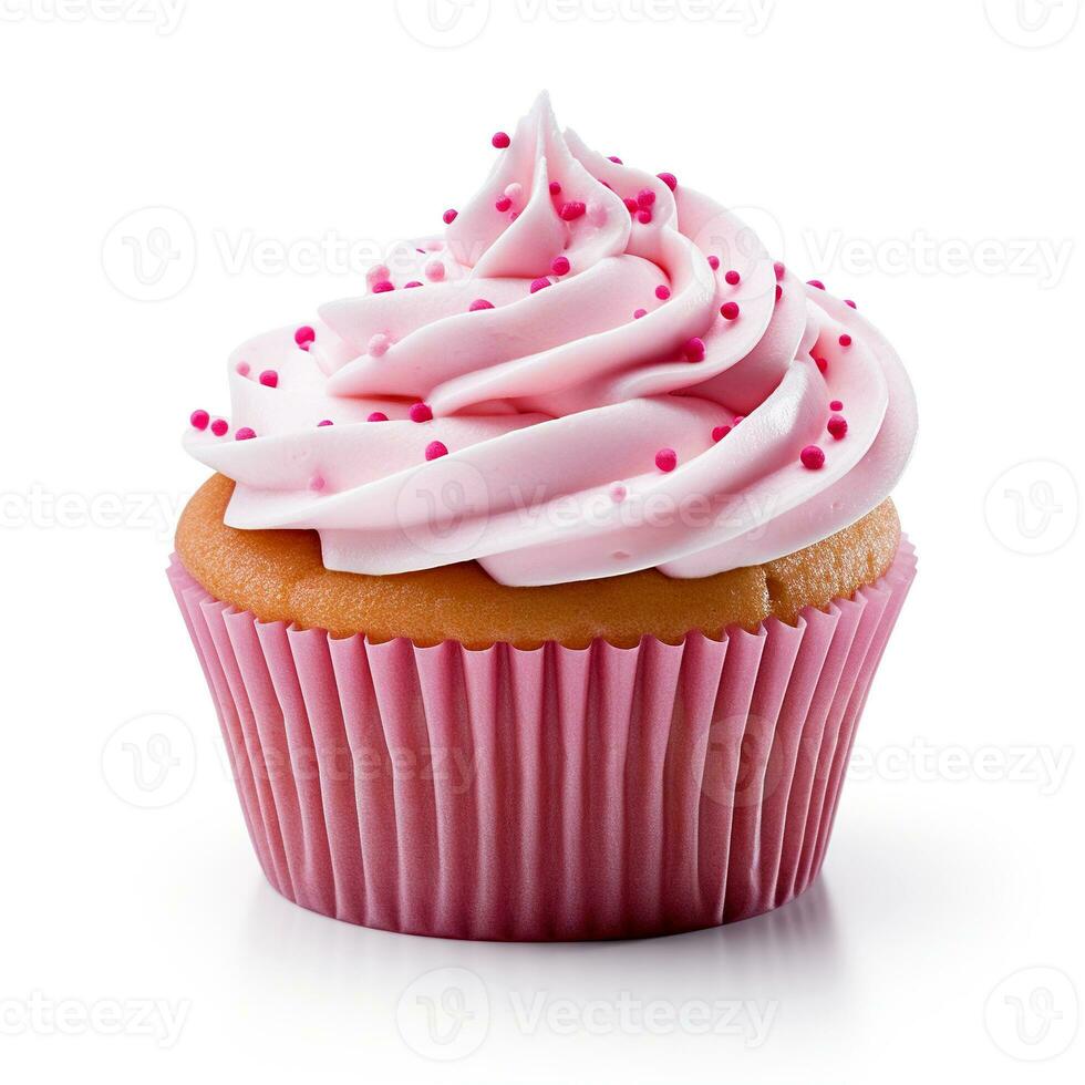 Cupcake with pink icing isolated on white background. AI Generated. photo