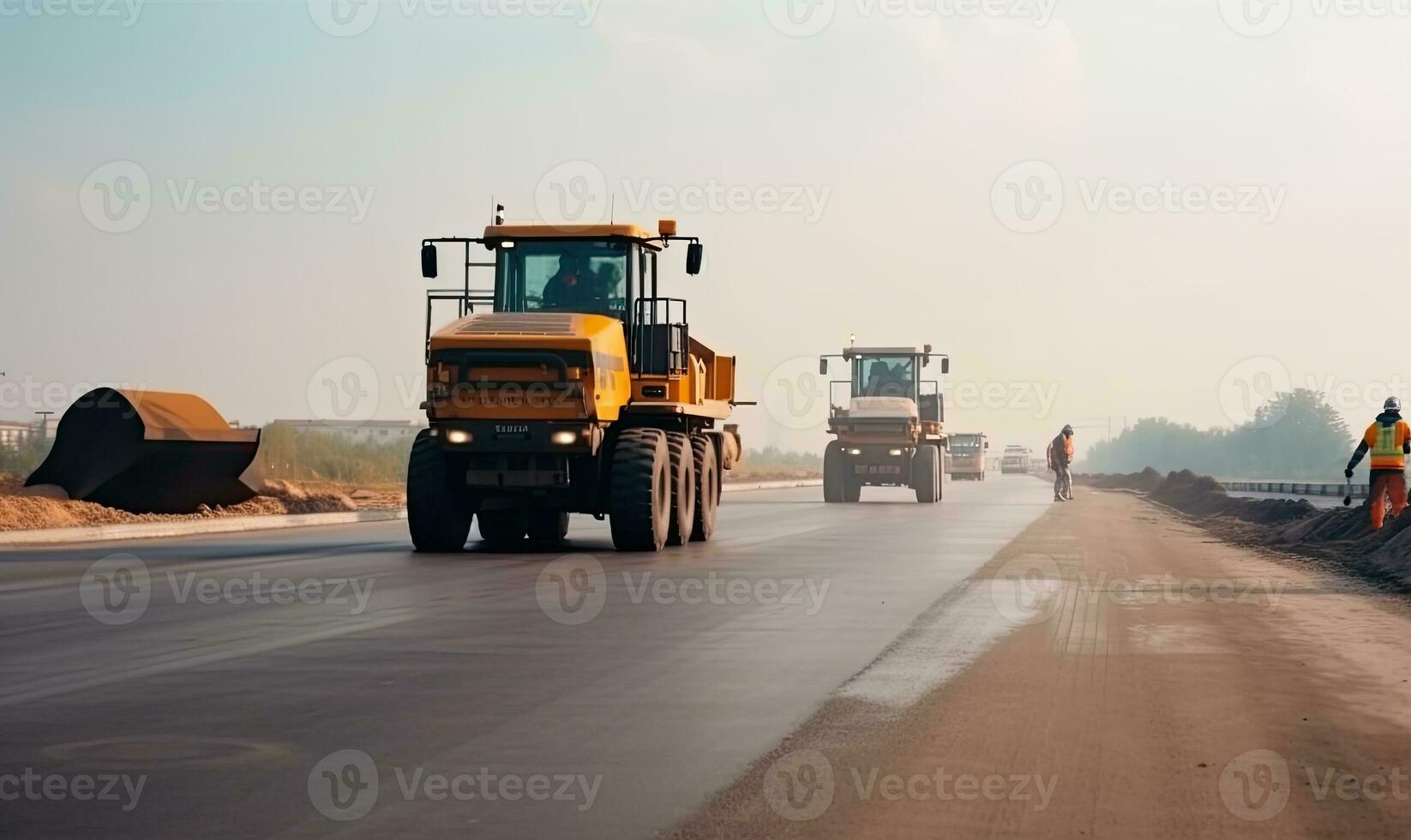 Workers using heavy machinery to lay new asphalt road at construction site. Creating using generative AI tools photo