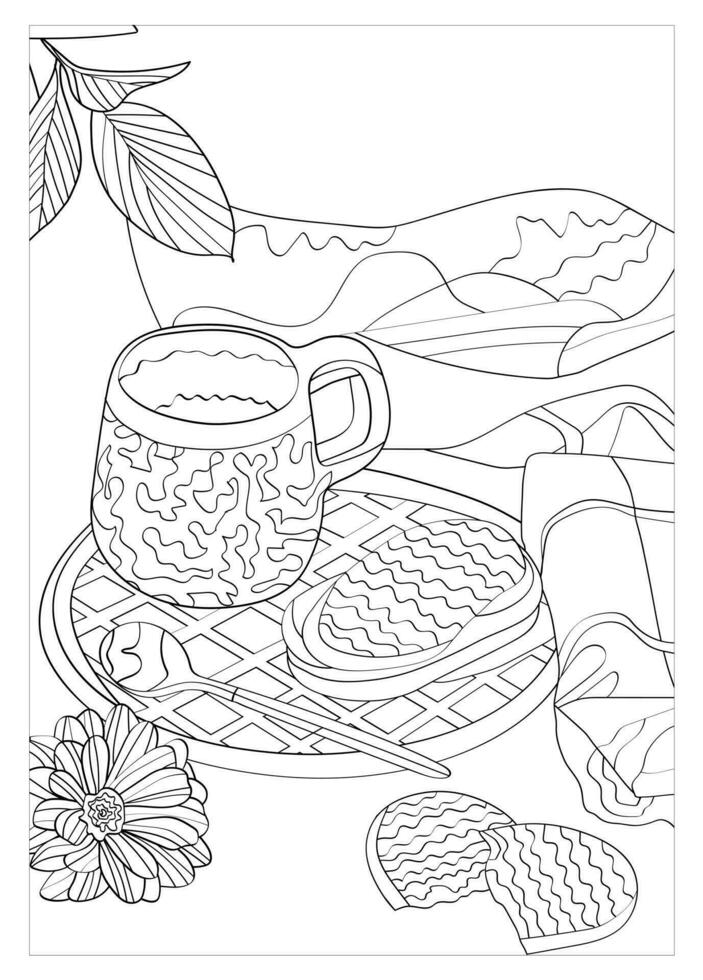 Still life. Cup with cookies. Vector illustration in sketch style. Can be used as anti-stress coloring book