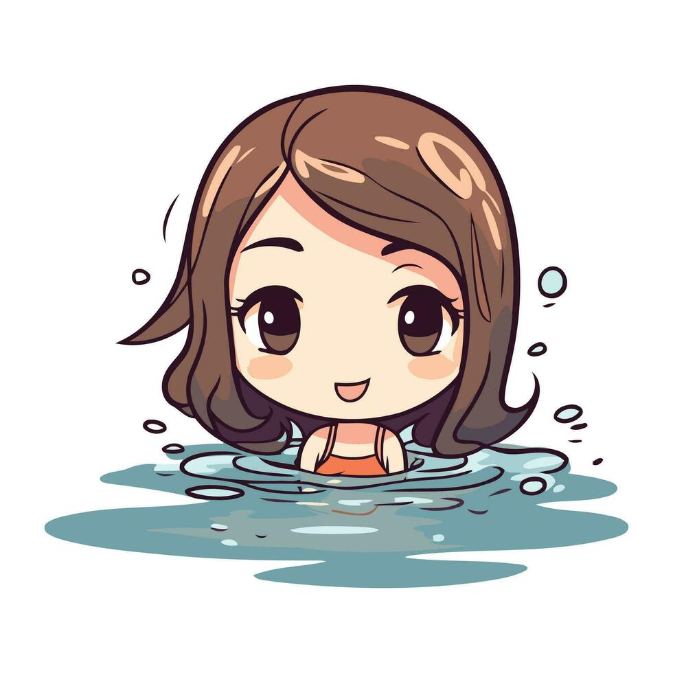 Cute little girl swimming in the pool. Vector cartoon illustration.