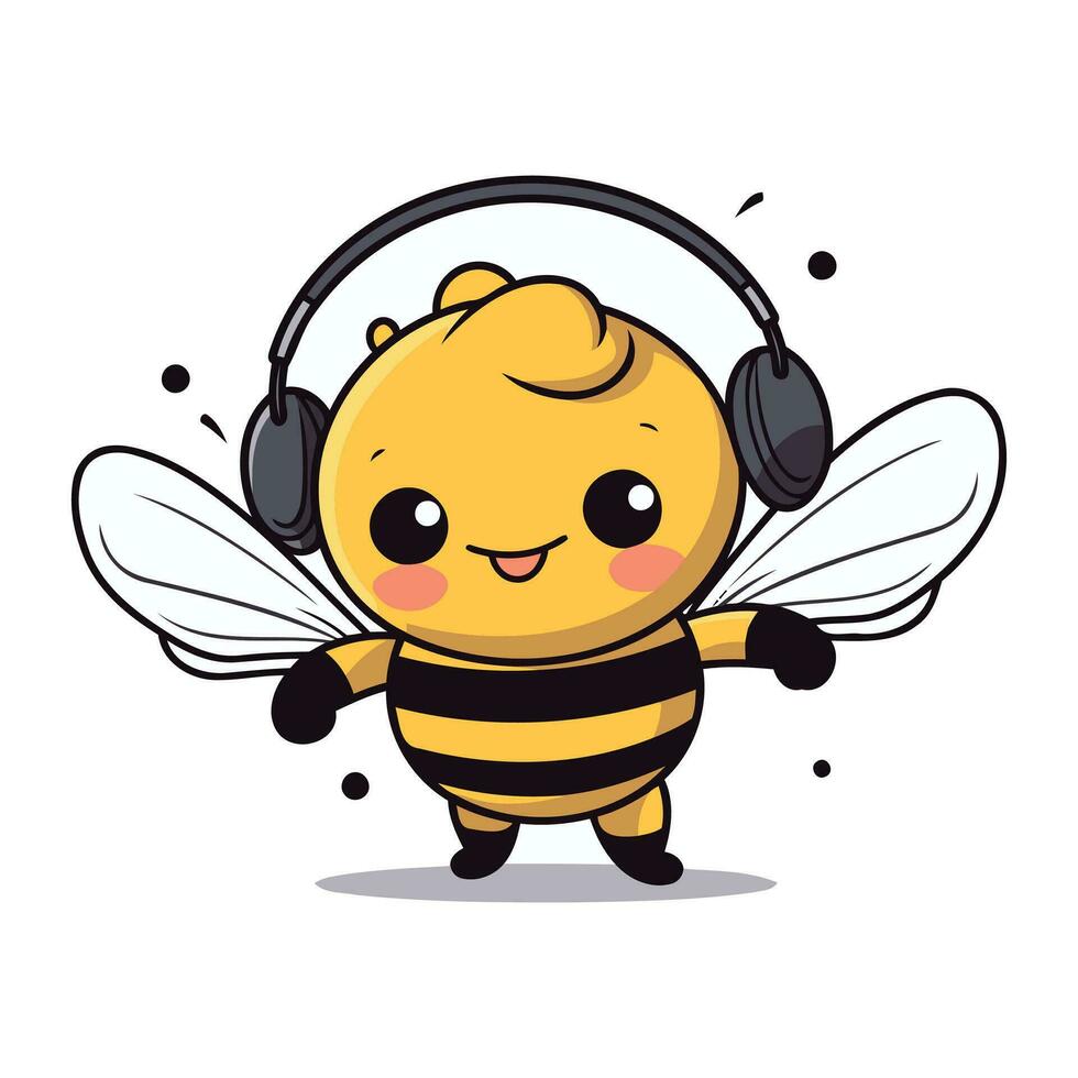 Cute Bee Character Listening to Music With Headphones Vector Illustration