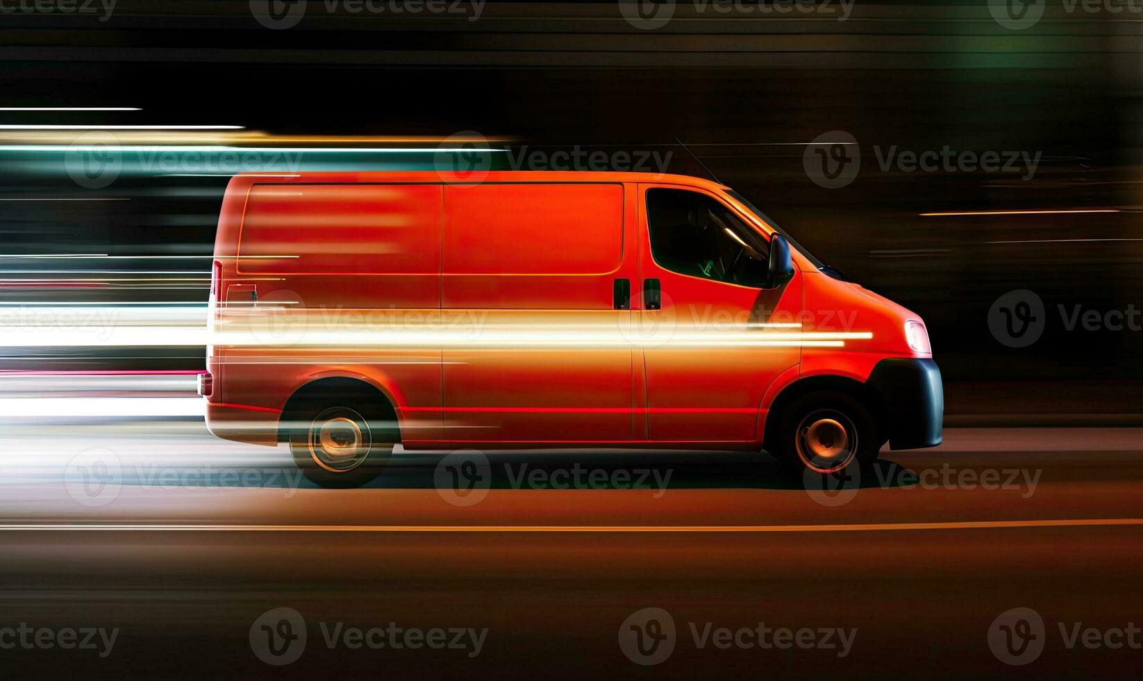 Delivery van with neon lights speeding through the city. Creating using generative AI tools photo