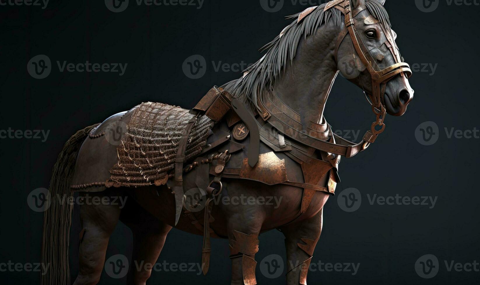 With noble grace and steadfast determination, the anthropomorphic horse commands the battlefield in military armor. Creating using generative AI tools photo