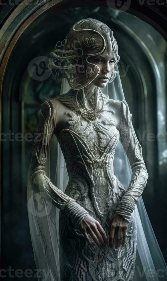 Step into a realm of enchantment with a stunning alien woman bride. Creating using generative AI tools photo