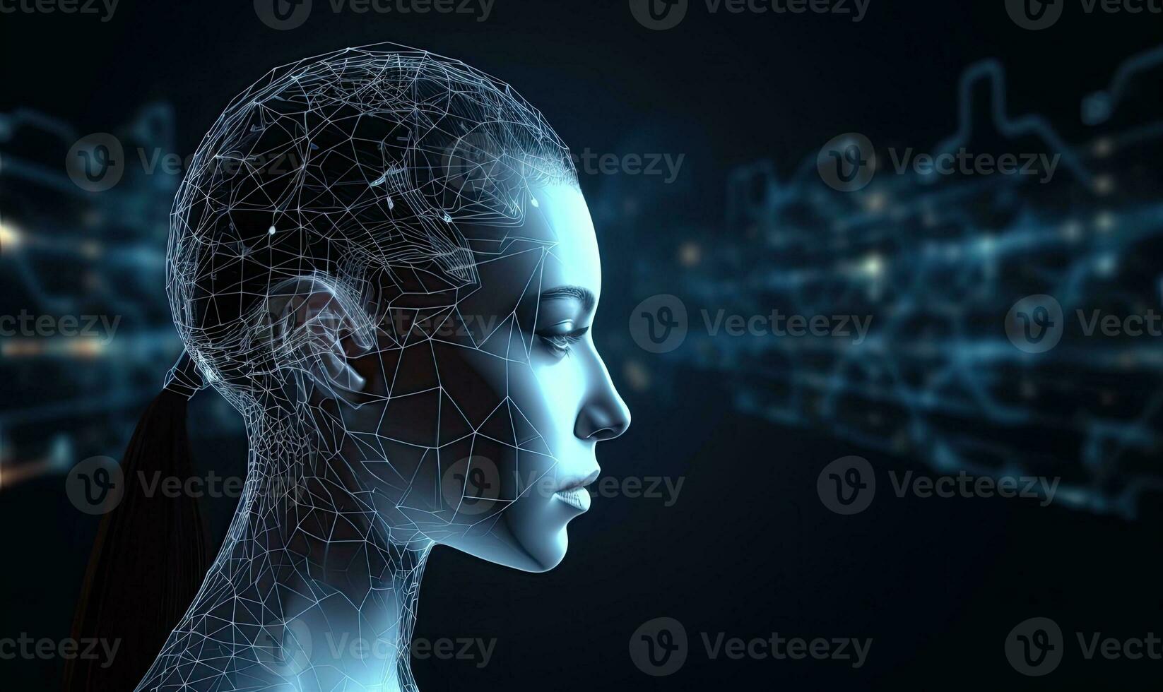 Female android with a human face and robotic body. Creating using generative AI tools photo