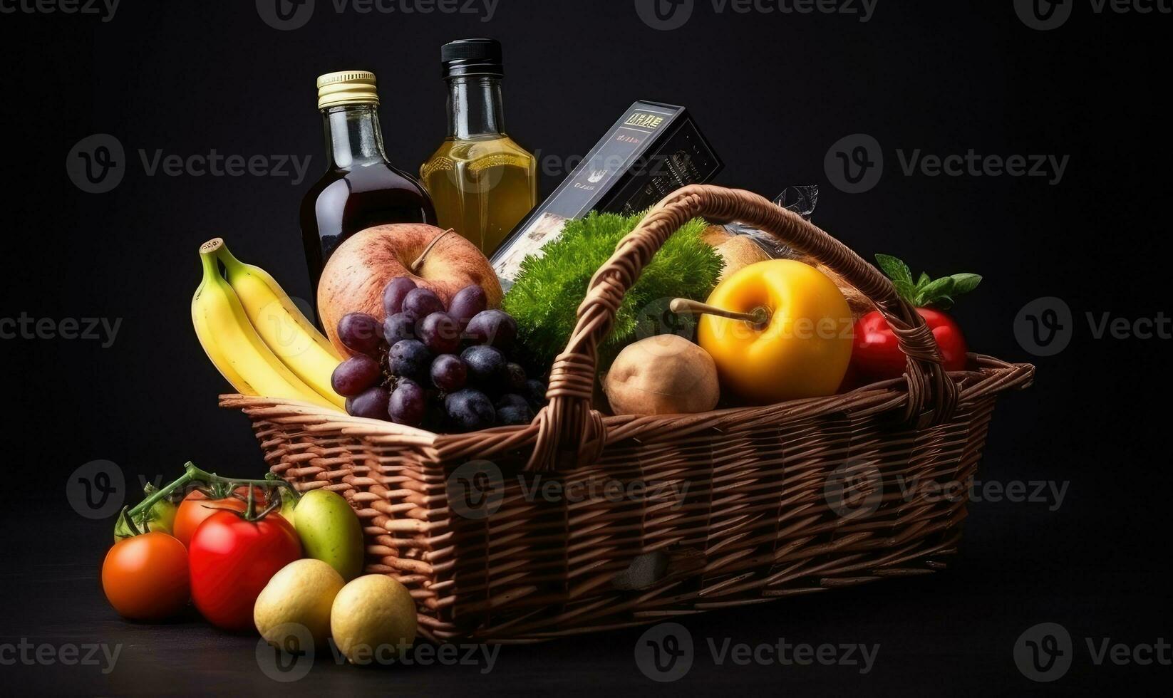 A basket filled with a variety of fresh food for healthy eating. Creating using generative AI tools photo