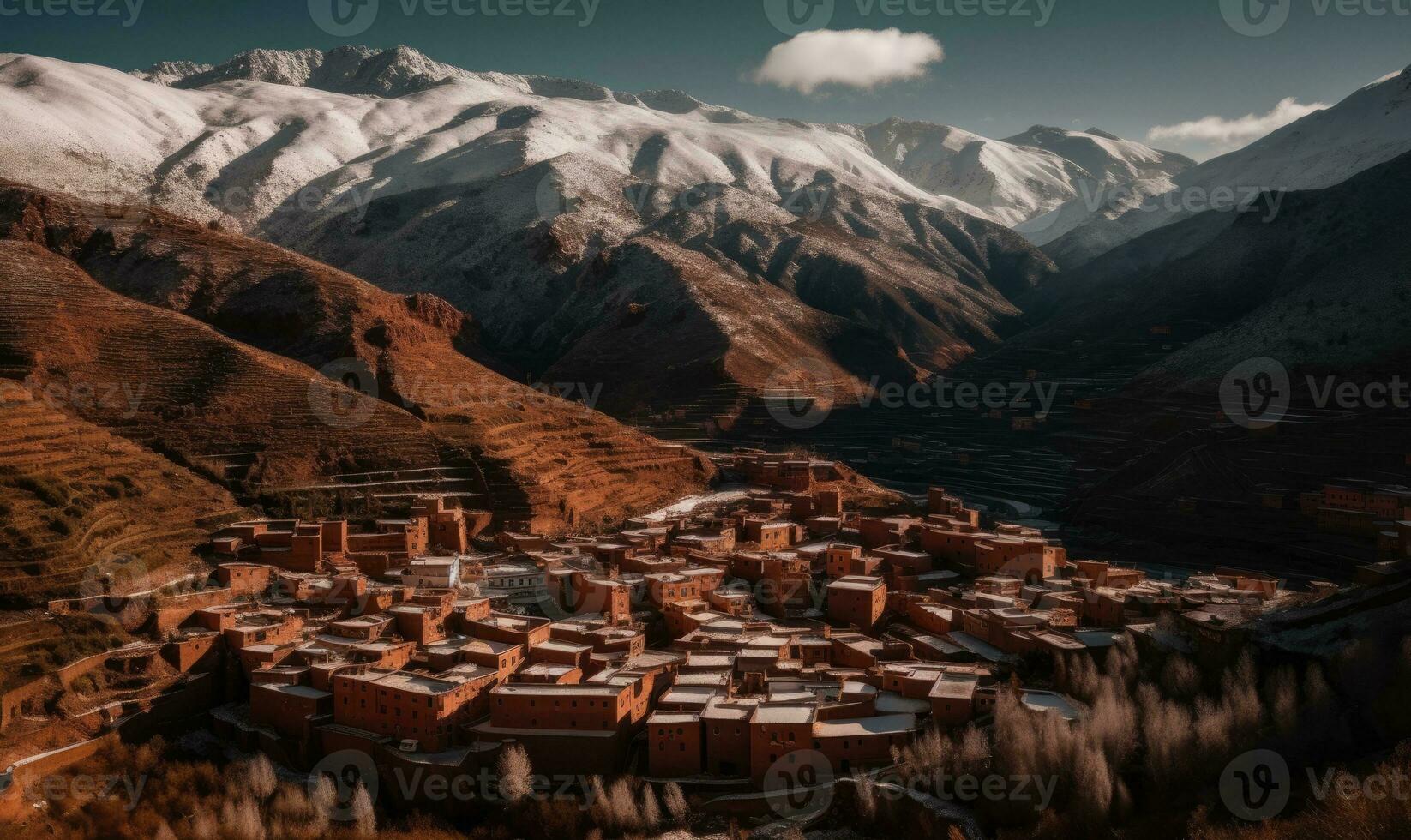 Snow-covered peaks of Morocco's majestic mountains. Creating using generative AI tools photo