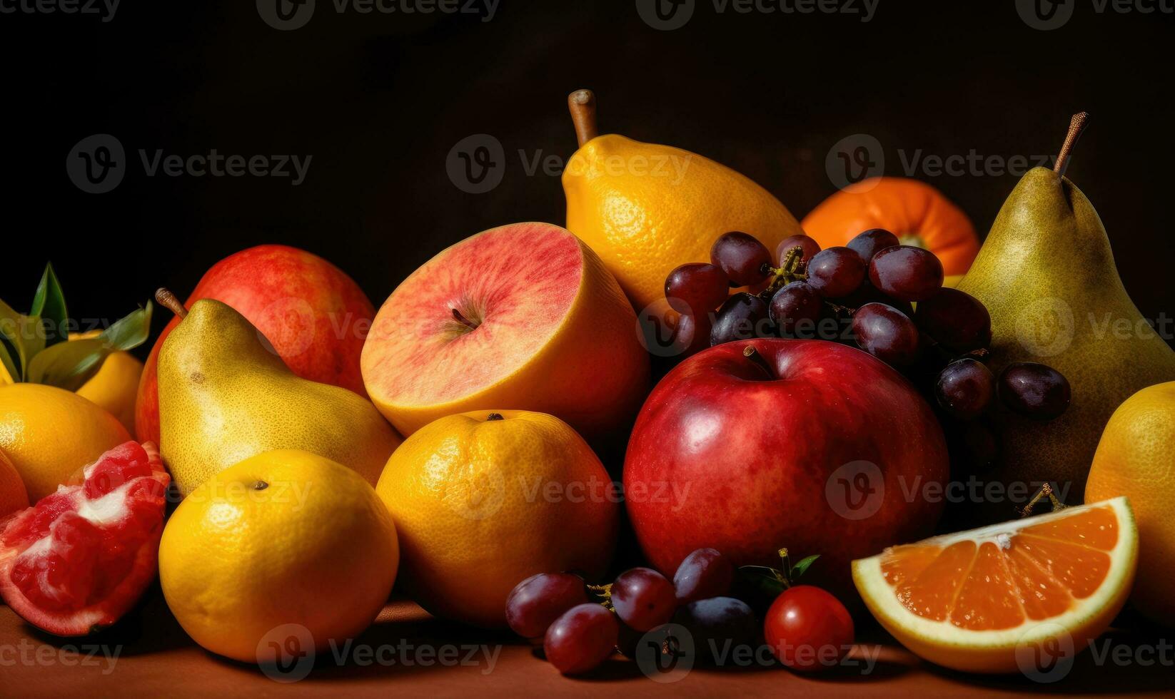 A vibrant display of fresh, assorted fruits on a colorful background. Creating using generative AI tools photo