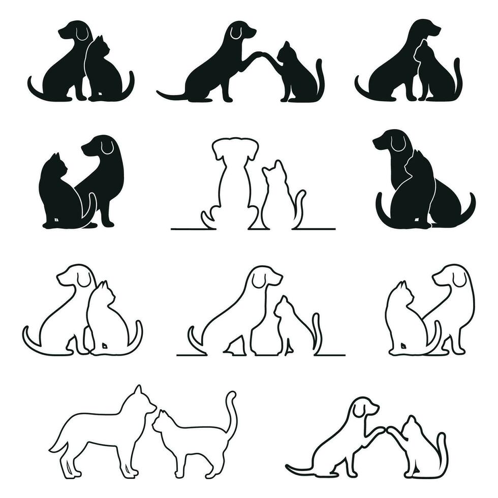 Illustration set of silhouettes of a dog and a cat vector