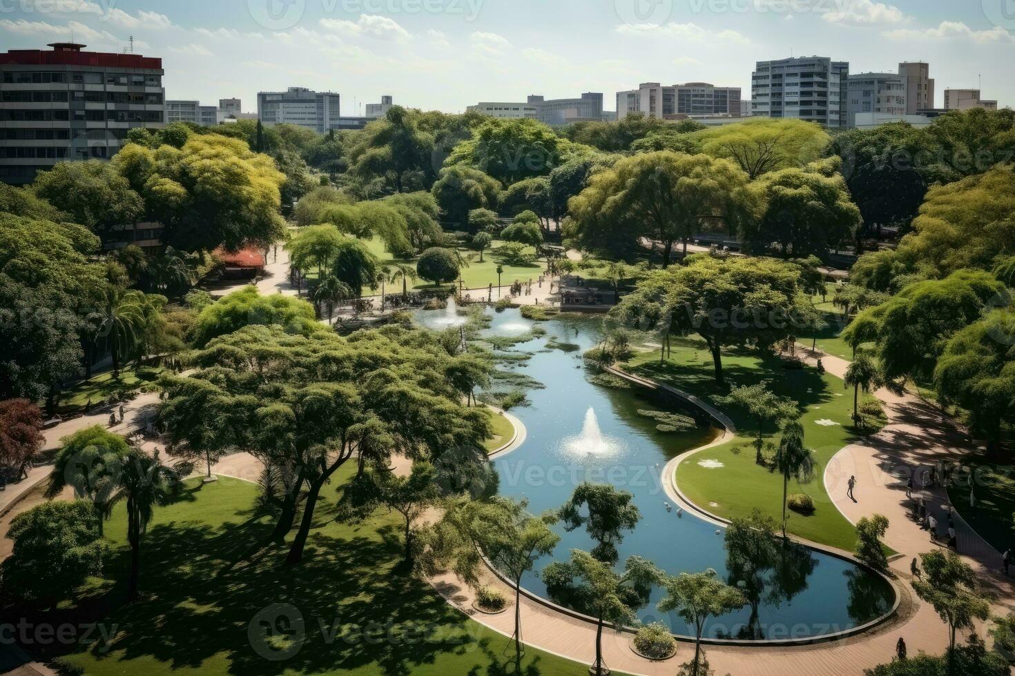 a park in a bustling city with wide open space flower fields AI Generated photo