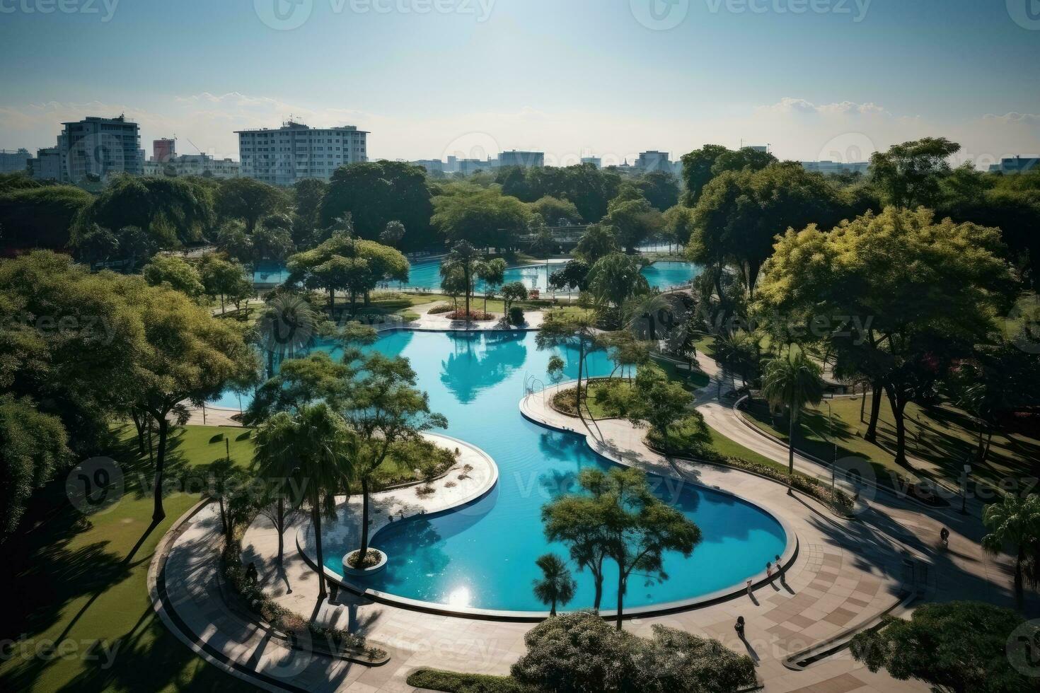 a park in a bustling city with wide open space flower fields AI Generated photo
