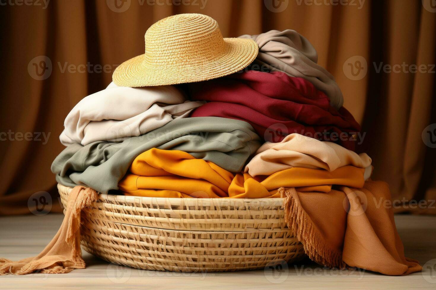 Pile of clean clothes and Wicker basket with clean laundry professional advertising photography AI Generative photo