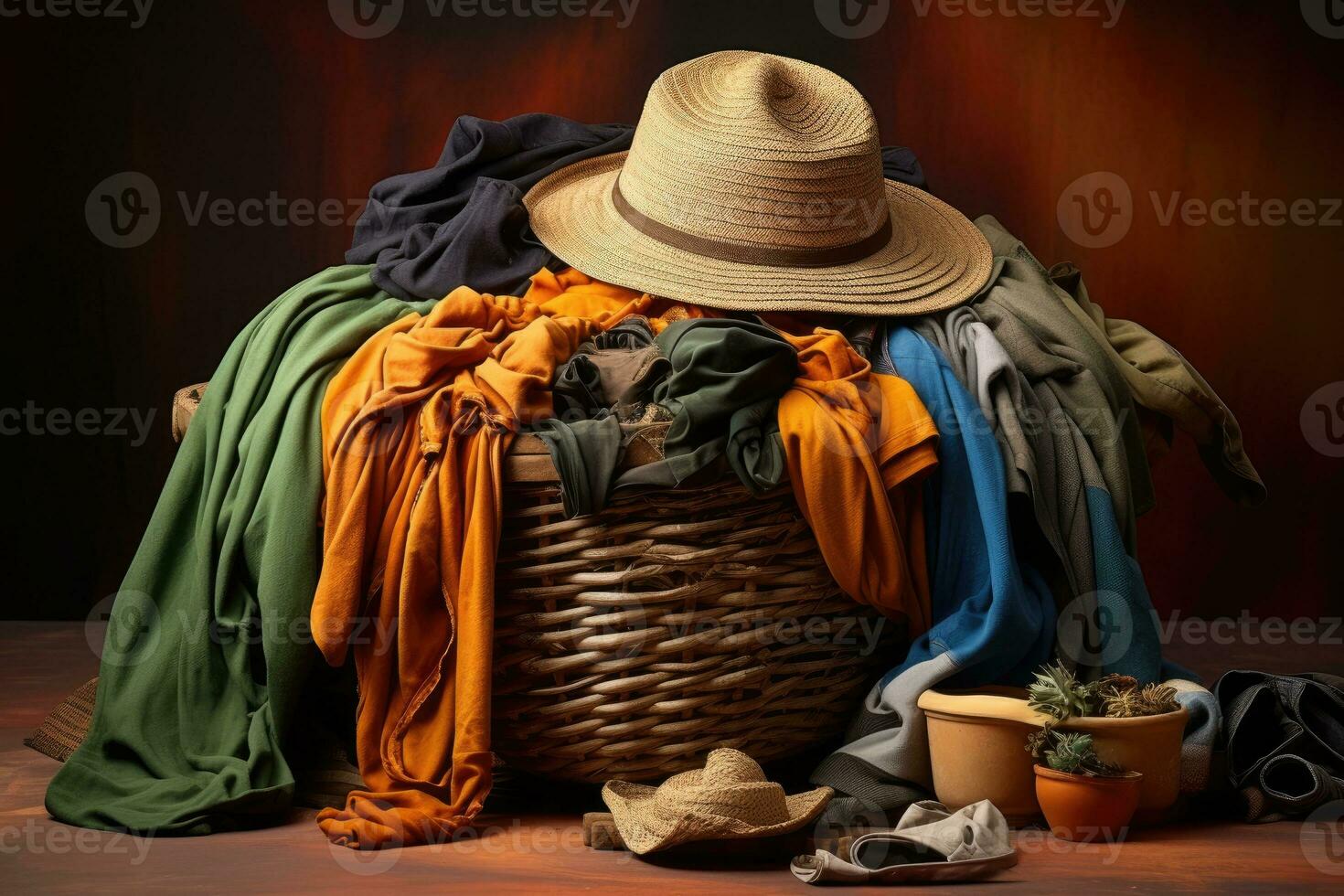 Pile of dirty clothes and Wicker basket with dirty laundry professional advertising photography AI Generative photo