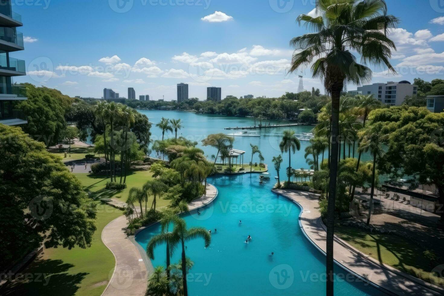 a park in a bustling city with wide open space flower fields AI Generated photo