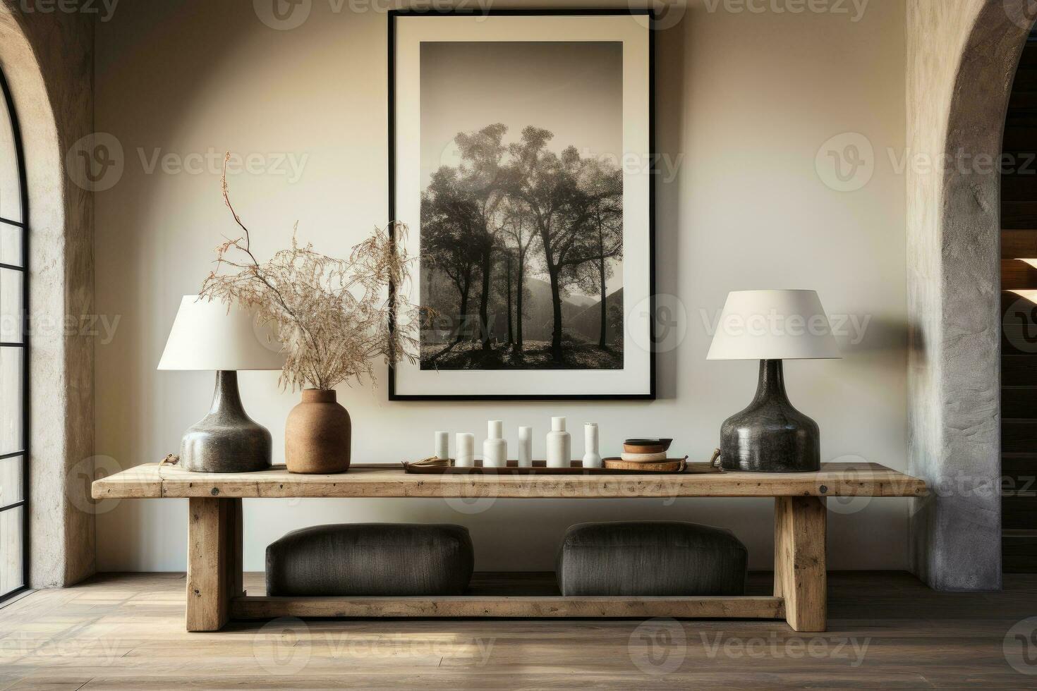 large artwork in center of entryway table AI Generated photo